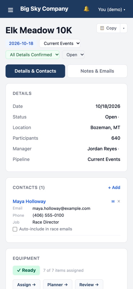 A race page in crmPlanit on a phone